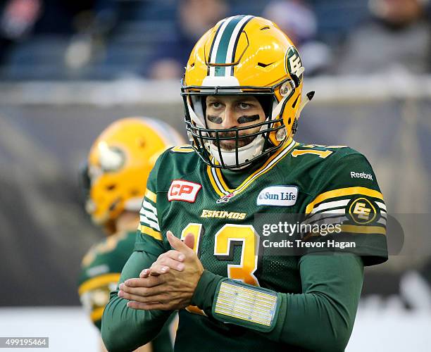 Mike Reilly of the Edmonton Eskimos warms up on the field prior to Grey Cup 103 against the Ottawa Redblacks at Investors Group Field in Winnipeg,...