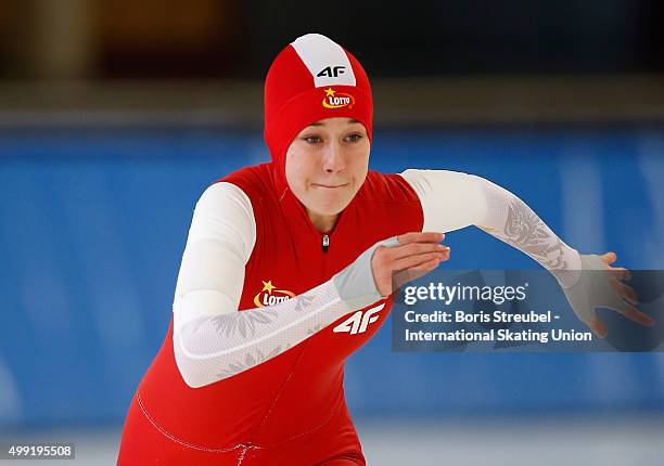 Karolina Gasecka of Poland competes in the women's 500m race during day two of the ISU Junior World Cup Speed Skating at Sportforum Hohenschoenhausen...