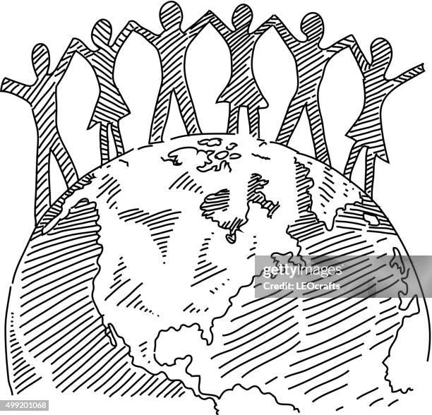 group of business people standing on the globe drawing - pencil drawing of woman stock illustrations