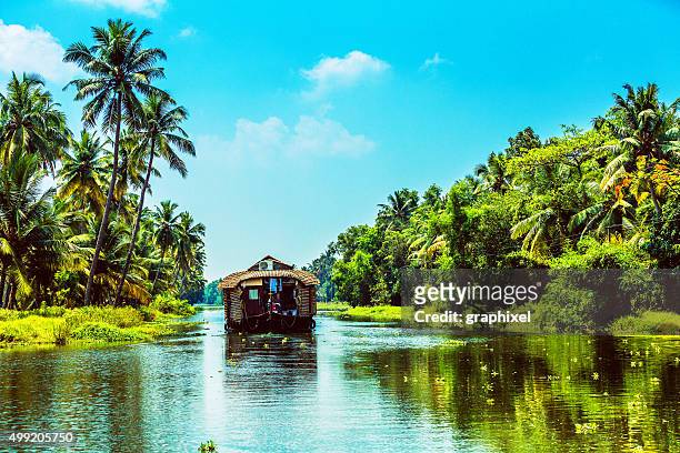 traditional houseboat on kerala backwaters - houseboat stock pictures, royalty-free photos & images