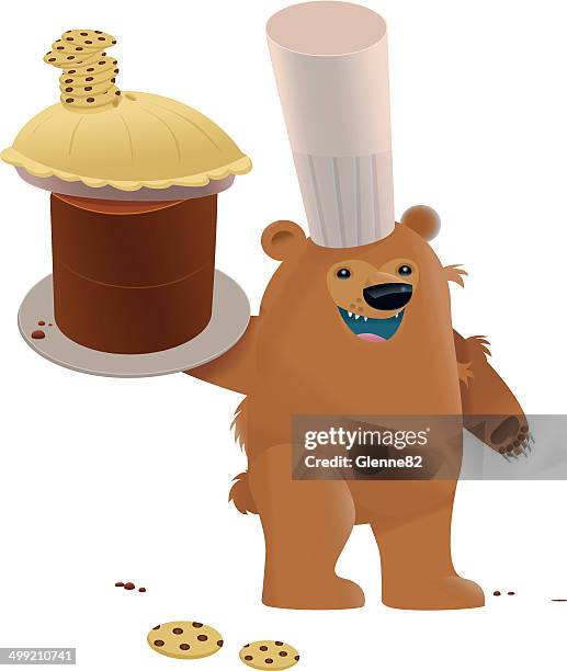 bear with baked goods - chocolate cake white background stock illustrations