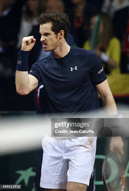 Andy Murray of Great Britain reacts during his match against David Goffin of Belgium on day three of the Davis Cup Final 2015 between Belgium and...