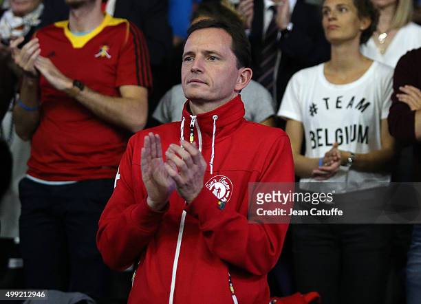 Ping pong champion Jean-Michel Saive attends the victory of Andy Murray of Great Britain over David Goffin of Belgium during day three of the Davis...
