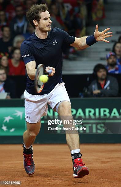 Andy Murray of Great Britain in action during his match against David Goffin of Belgium on day three of the Davis Cup Final 2015 between Belgium and...
