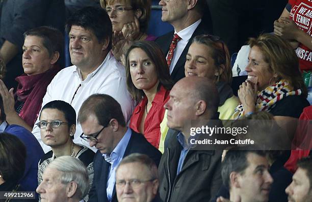 Former tennis champion Justine Henin of Belgium attends the victory of Andy Murray over David Goffin of Belgium during day three of the Davis Cup...
