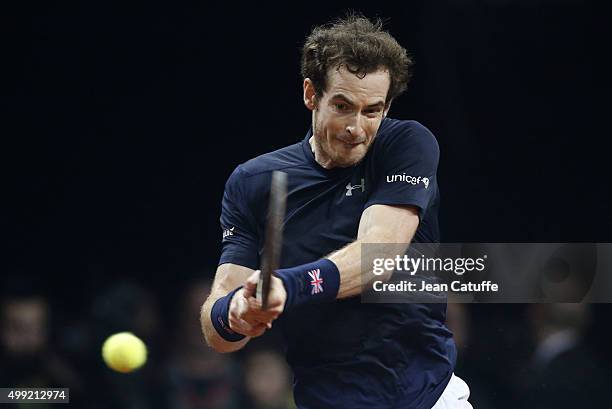 Andy Murray of Great Britain in action during his match against David Goffin of Belgium on day three of the Davis Cup Final 2015 between Belgium and...