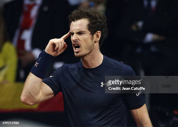 Andy Murray of Great Britain reacts during his match against David Goffin of Belgium on day three of the Davis Cup Final 2015 between Belgium and...