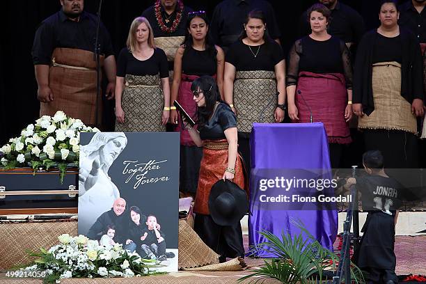 Nadene Lomu and sons Dhyreille and Brayley Lomu as Jonah's casket arrives at the Public Memorial for Jonah Lomu at Eden Park on November 30, 2015 in...