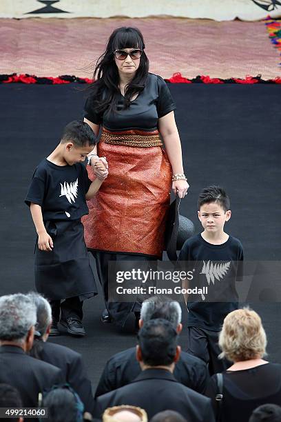 Nadene Lomu and sons Dhyreille and Brayley Lomu as Jonah's casket arrives at the Public Memorial for Jonah Lomu at Eden Park on November 30, 2015 in...