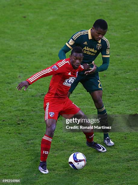 Fabian Castillo of FC Dallas dribbles the ball against Alvas Powell of Portland Timbers during the Western Conference Finals-Leg 2 of the MLS...