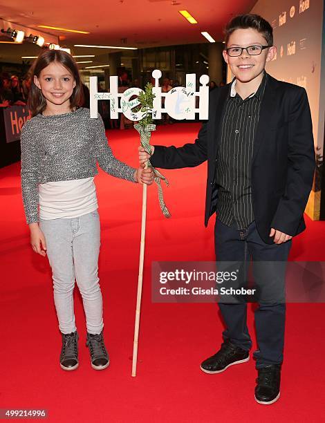 Anuk Steffen and Quirin Agrippi during the German premiere of the film 'HEIDI' at Mathaeser Filmpalast on November 29, 2015 in Munich, Germany.