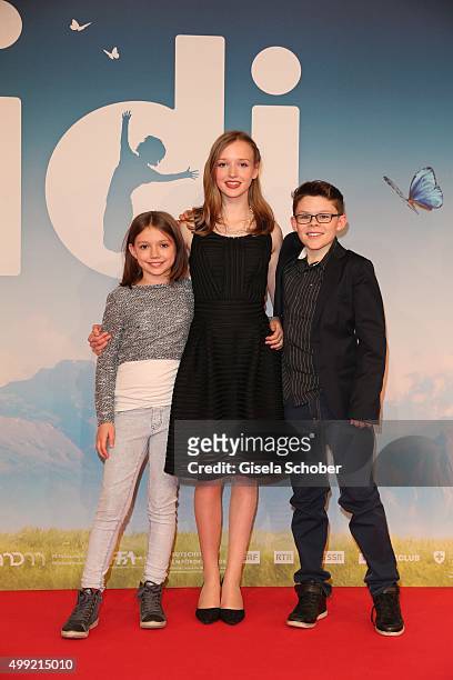 Anuk Steffen , Isabelle Ottmann and Quirin Agrippi during the German premiere of the film 'HEIDI' at Mathaeser Filmpalast on November 29, 2015 in...