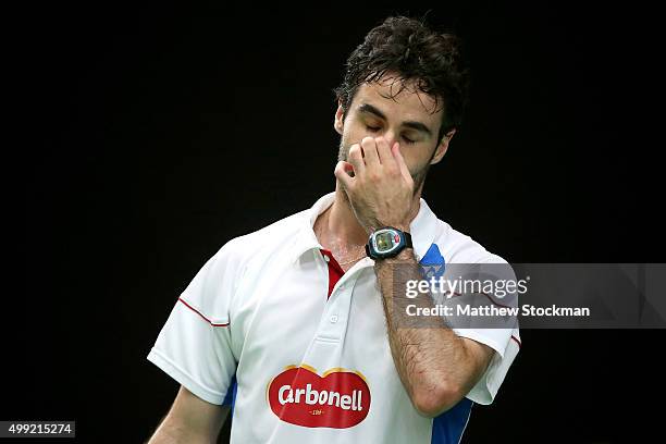 Pablo Abian of Spain reacts to a lost point while playing Lin Dan of China during the mens final of the II Yonex Brazil Badminton Grand Prix - Aquece...