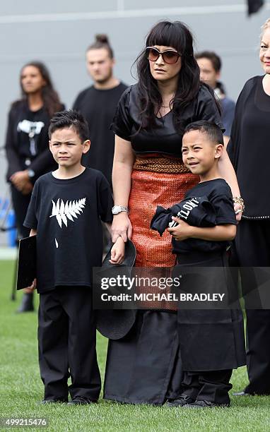 Widow of late New Zealand All Blacks rugby legend Jonah Lomu, Nadene Lomu and her two sons, Brayley and Dhyreille attend his memorial service at Eden...