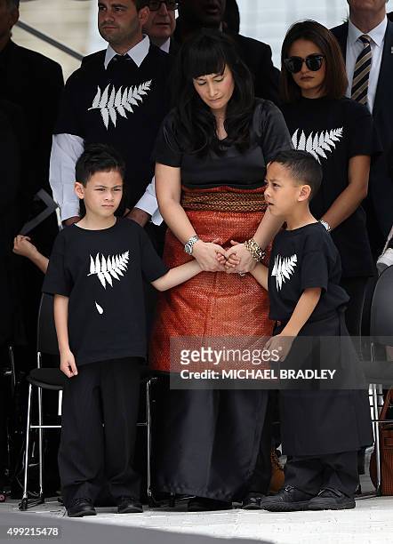 Widow of late New Zealand All Blacks rugby legend Jonah Lomu, Nadene Lomu and her two sons, Brayley and Dhyreille attend his memorial service at Eden...
