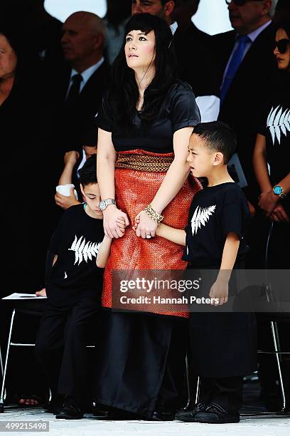 Widow of Jonah Lomu, Nadene Lomu stands with her two sons Brayley Lomu and Dhyreille Lomu at the Public Memorial for Jonah Lomu at Eden Park on...