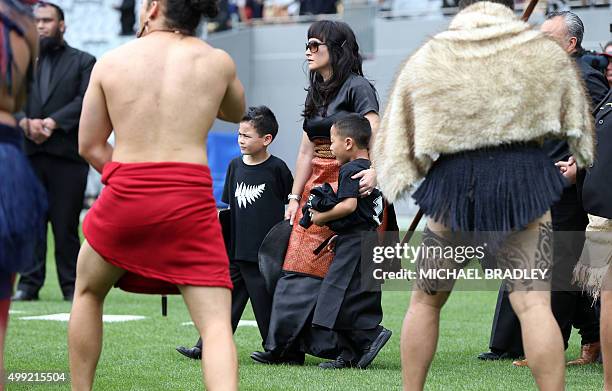 Widow of late New Zealand All Blacks rugby legend Jonah Lomu, Nadene Lomu and her two sons, Brayley and Dhyreille attend his memorial service at Eden...