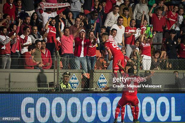 Fernando Uribe of Toluca celebrates after scoring the opening goal during the quarterfinals second leg match between Toluca and Puebla as part of the...
