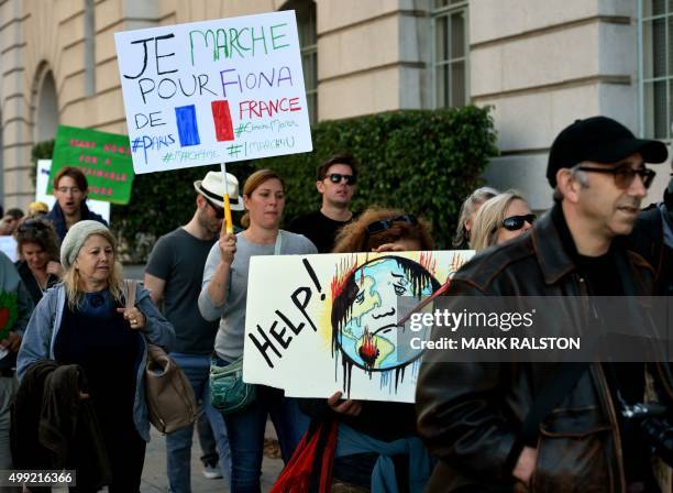 Environmental activists and supporters during a rally calling for action on climate change in Los Angeles, California on November 29 a day before the...