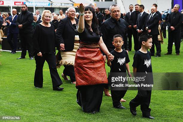 Widow of Jonah Lomu, Nadene Lomu thanks the crowd with her two sons Brayley Lomu and Dhyreille Lomu, her mother Lois Kuiek and father Mervyn Kuiek as...