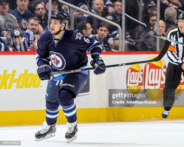 Alexander Burmistrov of the Winnipeg Jets follows the play down the ice during first-period action against the Arizona Coyotes at the MTS Centre on...