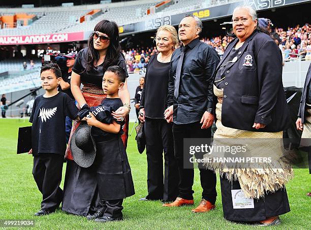 Nadene Lomu , widow of New Zealand All Blacks rugby legend Jonah Lomu, walks onto Eden Park with her two sons Brayley and Dhyreille , her parents...