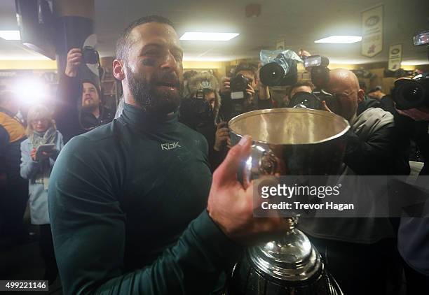 Mike Reilly of the Edmonton Eskimos celebrating in the locker room after winning Grey Cup 103 against the Ottawa Redblacks at Investors Group Field...