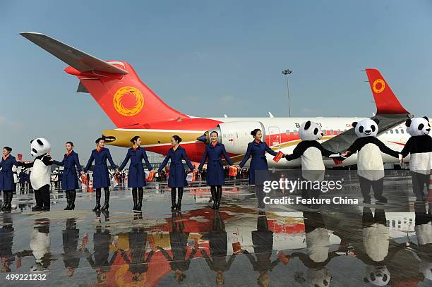 Staff celebrate the arrival of the ARJ21 jet at the airport on November 29, 2015 in Chengdu, China. It is the first ARJ, a regional jet made by...