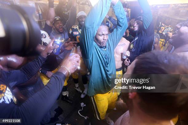 Odell Willis of the Edmonton Eskimos celebrating in the locker room after winning Grey Cup 103 against the Ottawa Redblacks at Investors Group Field...