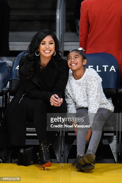 Vanessa Bryant and Gianna Maria-Onore Bryant attend a basketball game between the Indiana Pacers and the Los Angeles Lakers at Staples Center on...