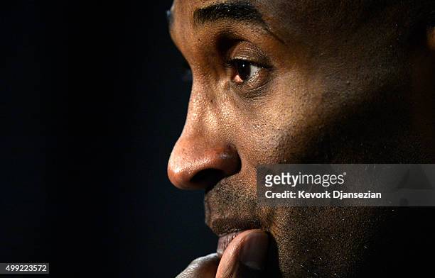 Kobe Bryant of the Los Angeles Lakers speaks during a news conference after he announced his retirement at Staples Center November 29 in Los Angeles,...