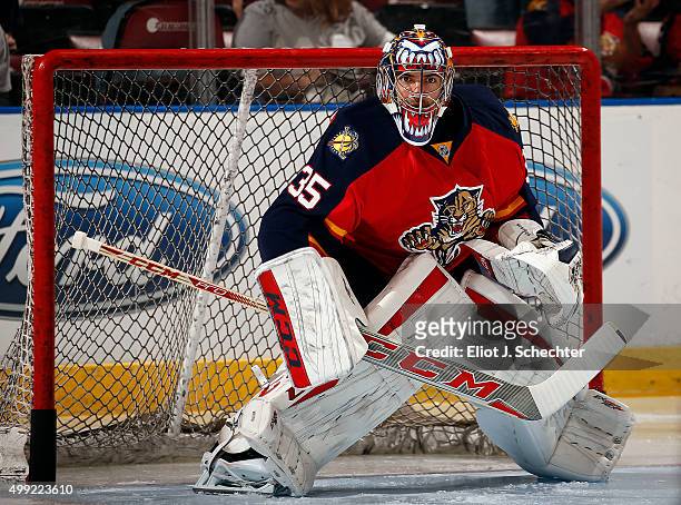 Goaltender Al Montoya of the Florida Panthers warms up on the ice prior to the start of the game against the Los Angeles Kings at the BB&T Center on...