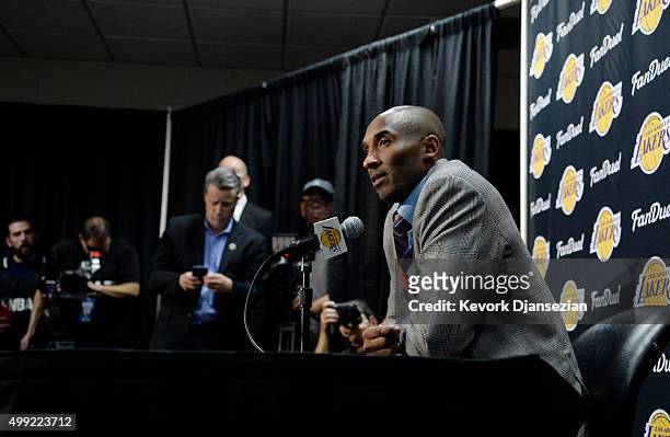 Kobe Bryant of the Los Angeles Lakers speaks during a news conference after he announced his retirement at Staples Center November 29 in Los Angeles,...