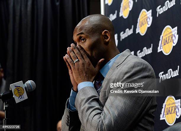 Kobe Bryant of the Los Angeles Lakers speaks during a news conference after he announced his retirement at Staples Center November 29 in Los Angeles,...