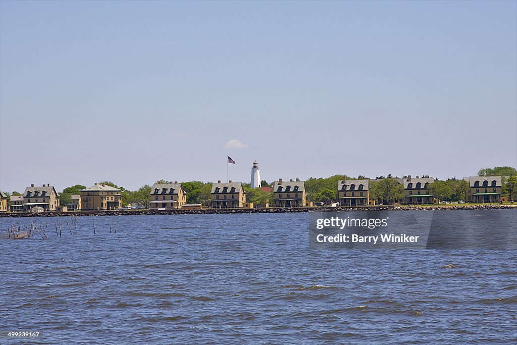 Row of identical officers quarters and lighthouse