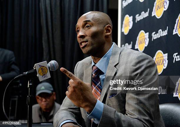 Kobe Bryant of the Los Angeles Lakers speaks during a news conference after he announced his retirement at Staples Center November 29 in Los Angeles,...