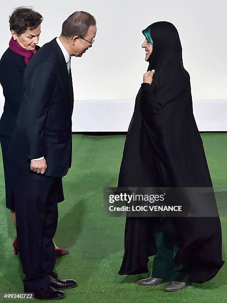 Iranian Vice-President Masoumeh Ebtekar is welcomed by United Nations Secretary General Ban Ki-moon and Executive Secretary of the UN Framework...