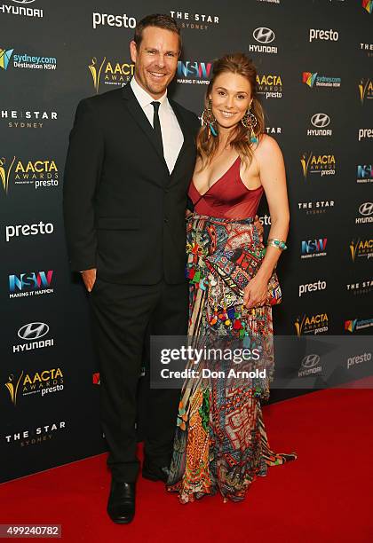 Aaron Jeffrey and Zoe Naylor arrive ahead of the 5th AACTA Awards industry dinner at The Star on November 30, 2015 in Sydney, Australia.