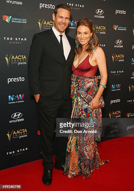 Aaron Jeffrey and Zoe Naylor arrive ahead of the 5th AACTA Awards industry dinner at The Star on November 30, 2015 in Sydney, Australia.