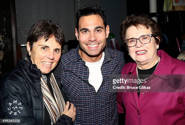 Illana Kloss, Eric Podwall and Billie Jean King pose backstage at the hit musical "Finding Neverland" on Broadway at The Lunt Fontanne Theater on...