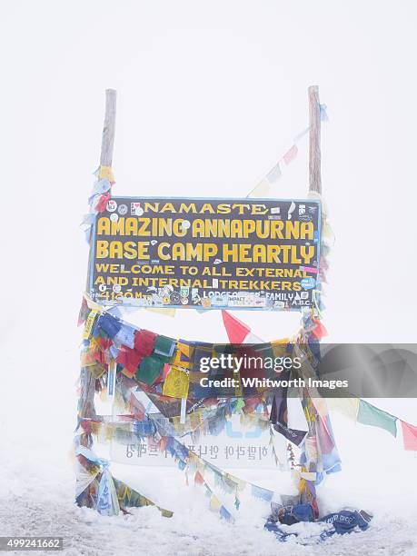 annapurna base camp welcome sign in white-out, nepal - correction fluid stockfoto's en -beelden