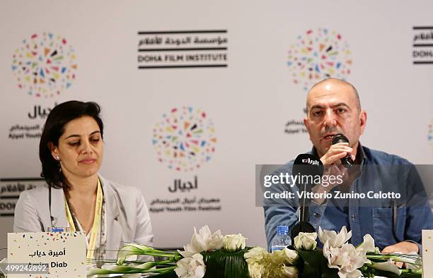 Producer Amira Diab and Academy Award nominated director Hany Abu-Assad participate in The Idol Press Briefing on Day 1 of the Ajyal Youth Film...