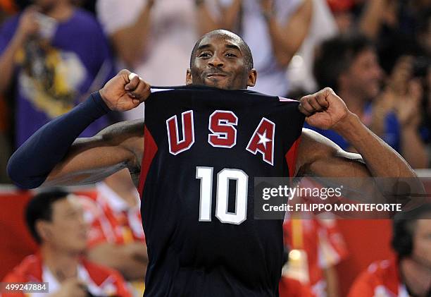 S Kobe Bryant celebrates at the end of the men's basketball gold medal match Spain against The US of the Beijing 2008 Olympic Games on August 24,...