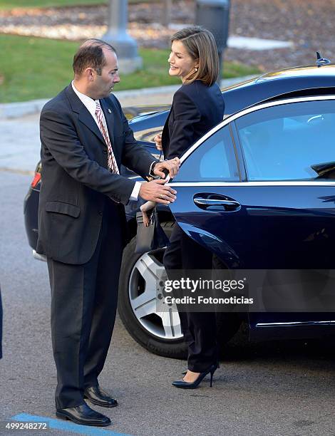 Queen Letizia of Spain arrives to the Nutrigenomics Seminar at the CSIC on November 30, 2015 in Madrid, Spain.