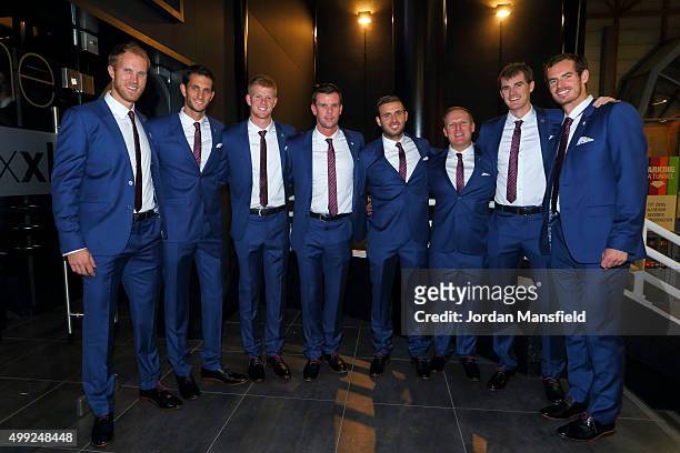 The victorious Great Britain team of Dom Inglot, James Ward, Kyle Edmund, Captain Leon Smith, Dan Evans, Matt Little, Jamie Murray and Andy Murray...