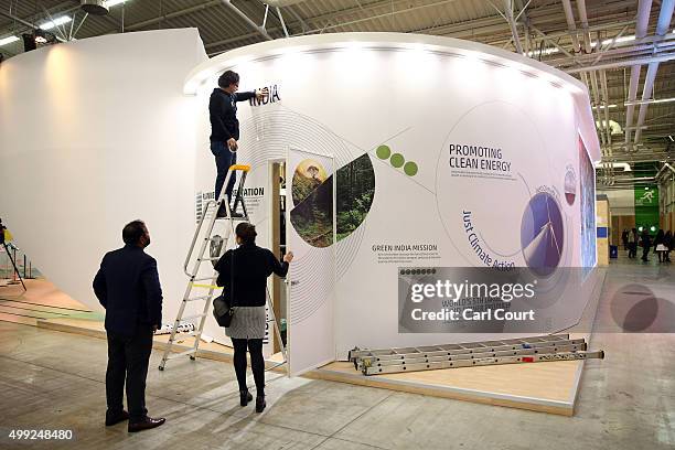 The finishing touches are put on the Indian pavilion at the United Nations Climate Summit on November 30, 2015 in Paris, France. Political leaders...