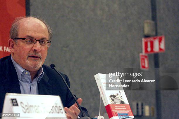 Salman Rushdie speaks to the audience during the Guadalajara International Book Fair 2015 on November 29, 2015 in Guadalajara, Mexico.