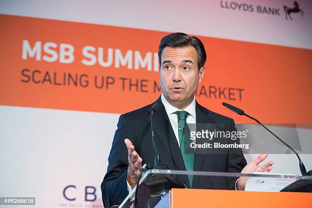 Antonio Horta-Osorio, chief executive officer of Lloyds Banking Group Plc, gestures as he speaks at the MSB Summit 2015 in the City of London, U.K.,...