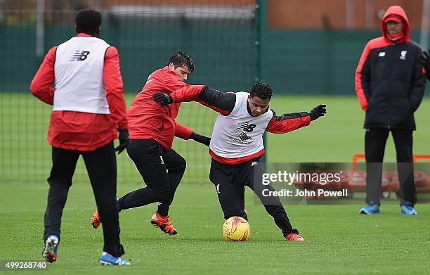 Joao Teixeira and Allan Rodrigues de Souza of Liverpool during a training session at Melwood Training Ground on November 30, 2015 in Liverpool,...