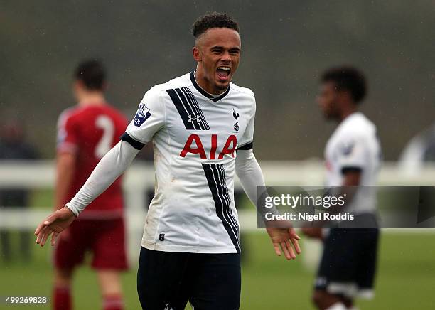 Anton Walkes of Tottenham Hotspur celebrates scoring his teams second goal during their U21 Premier League match at Rockliffe Park on November 30,...